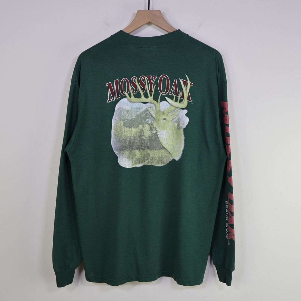 Vintage Mossy Oak Deer Graphic‎ Long Sleeve Shirt XL Jerzees Outdoors Green